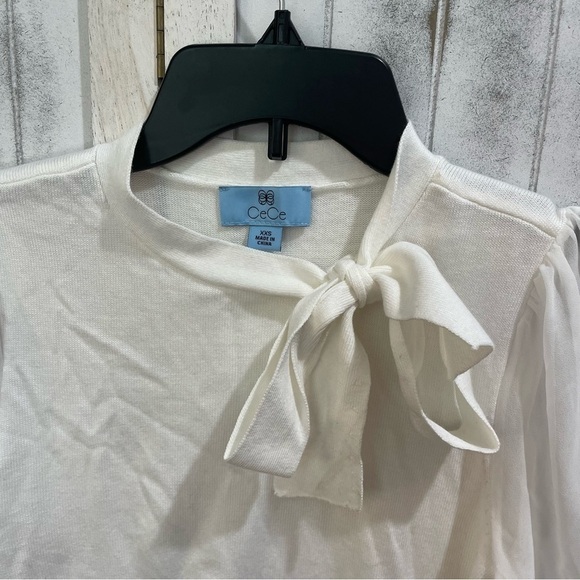 Cece Womens mixed media sweater antic white XXS tie neck essential minimalistic - Picture 5 of 10